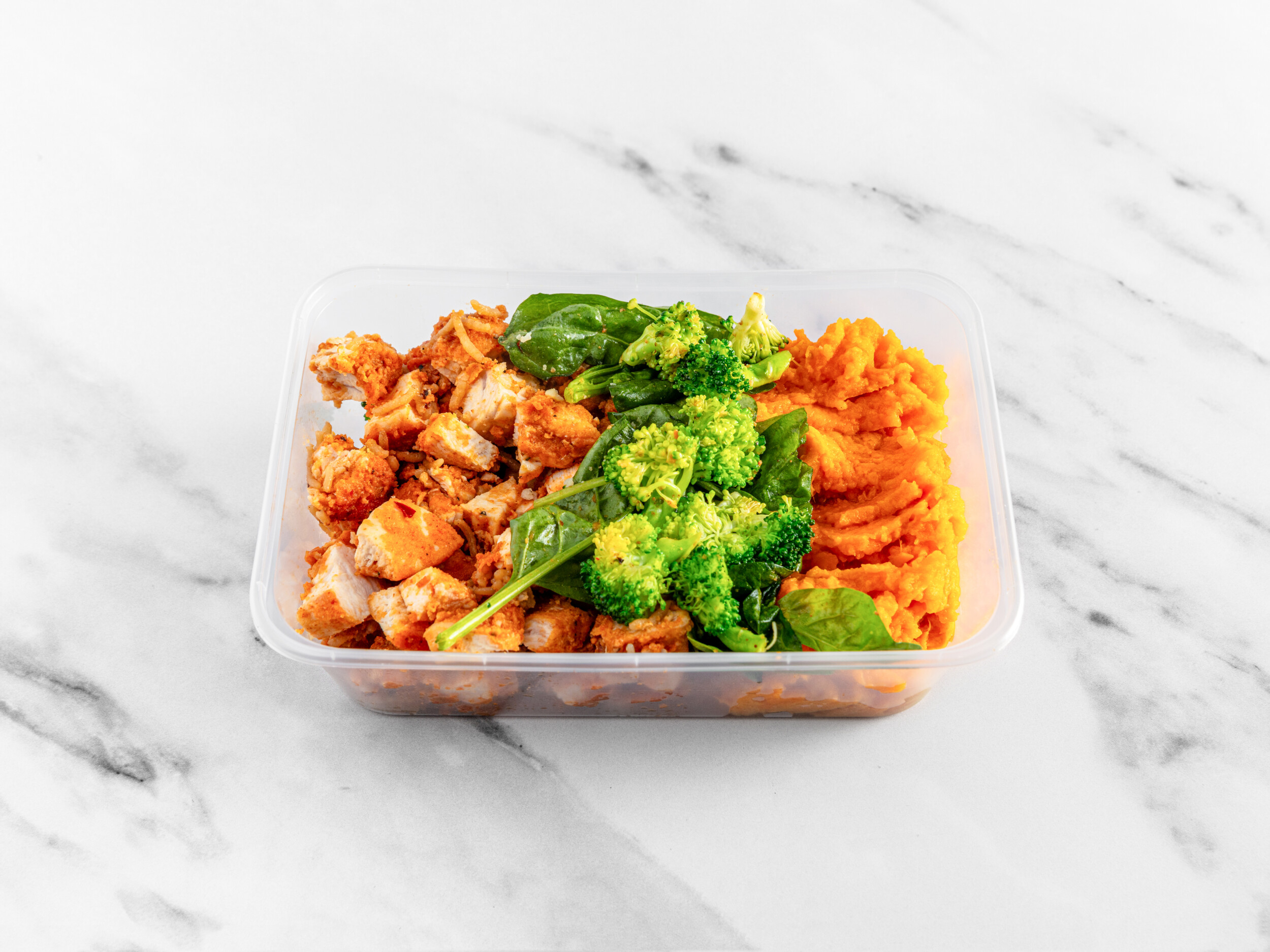 Spiced chicken breast with sweet potato mash, broccoli and spinach