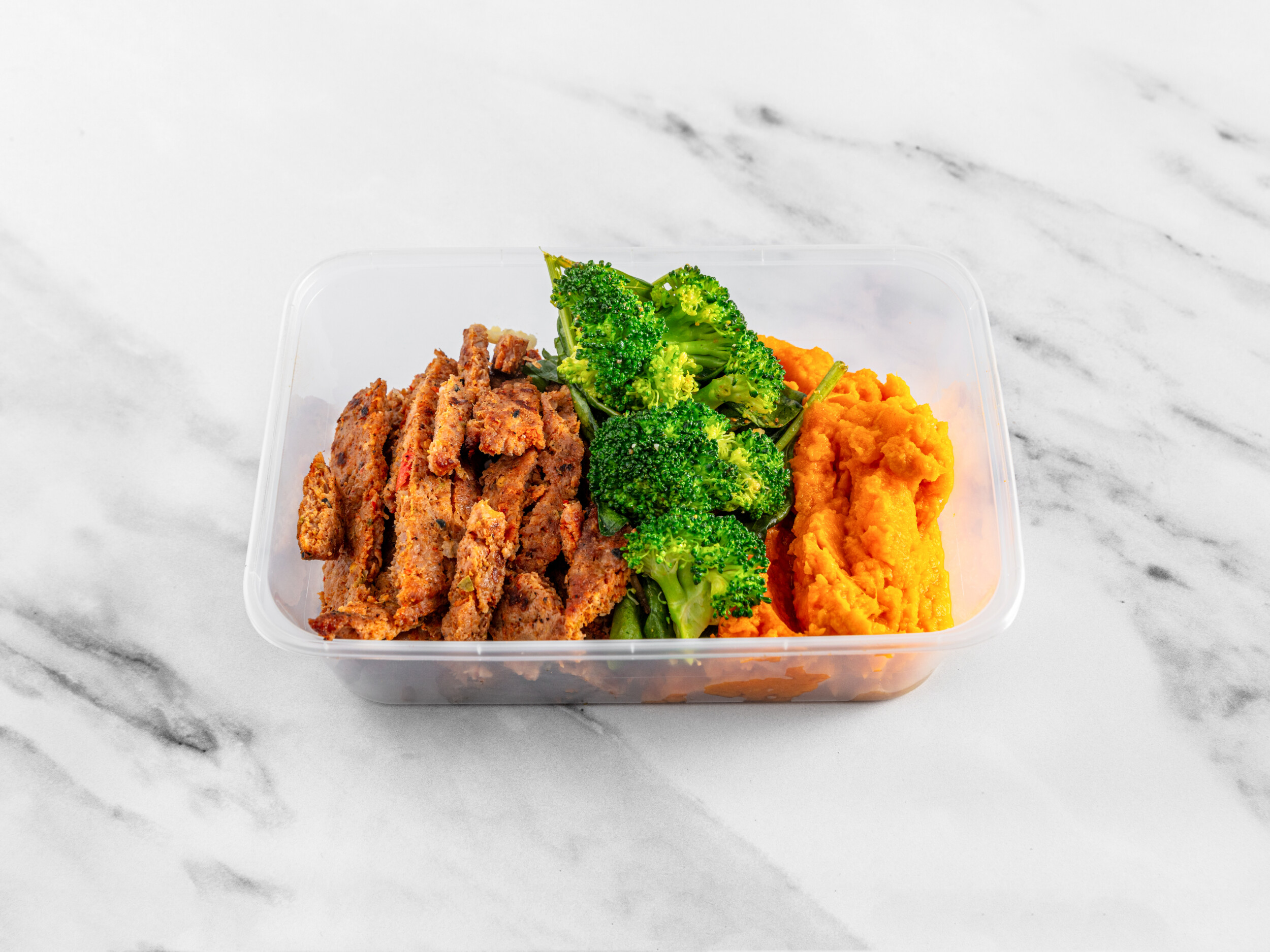 Chicken kebab with sweet potato mash, broccoli and spinach